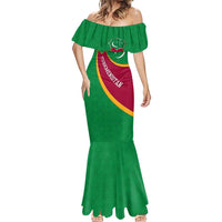Turkmenistan Green Mermaid Dress with Crescent Moon and State Emblem Design