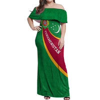 Turkmenistan Green Off Shoulder Maxi Dress with Crescent Moon and State Emblem Design