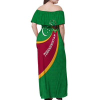 Turkmenistan Green Off Shoulder Maxi Dress with Crescent Moon and State Emblem Design