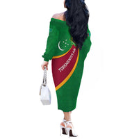 Turkmenistan Green Off The Shoulder Long Sleeve Dress with Crescent Moon and State Emblem Design