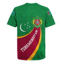 Turkmenistan Green Rugby Jersey with Crescent Moon and State Emblem Design
