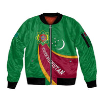 Turkmenistan Green Sleeve Zip Bomber Jacket with Crescent Moon and State Emblem Design