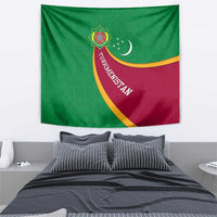 Turkmenistan Green Tapestry with Crescent Moon and State Emblem Design