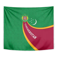 Turkmenistan Green Tapestry with Crescent Moon and State Emblem Design