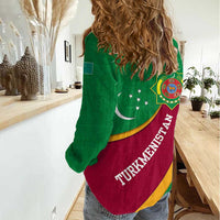 Turkmenistan Green Women Casual Shirt with Crescent Moon and State Emblem Design