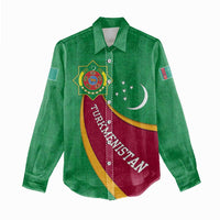 Turkmenistan Green Women Casual Shirt with Crescent Moon and State Emblem Design