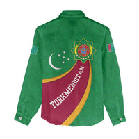Turkmenistan Green Women Casual Shirt with Crescent Moon and State Emblem Design