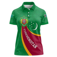 Turkmenistan Green Women Polo Shirt with Crescent Moon and State Emblem Design