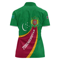 Turkmenistan Green Women Polo Shirt with Crescent Moon and State Emblem Design