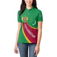 Turkmenistan Green Women Polo Shirt with Crescent Moon and State Emblem Design