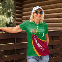 Turkmenistan Green Women Polo Shirt with Crescent Moon and State Emblem Design