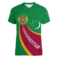 Turkmenistan Green Women V-Neck T-Shirt with Crescent Moon and State Emblem Design