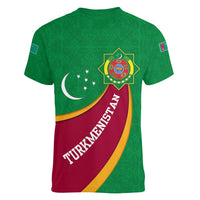 Turkmenistan Green Women V-Neck T-Shirt with Crescent Moon and State Emblem Design