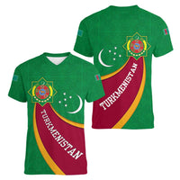 Turkmenistan Green Women V-Neck T-Shirt with Crescent Moon and State Emblem Design