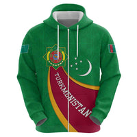 Turkmenistan Green Zip Hoodie with Crescent Moon and State Emblem Design