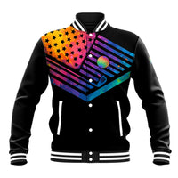 Colorful Golf Baseball Jacket Watercolor American Flag Female Golfer Silhouette in Rainbow Gradient - Wonder Print Shop