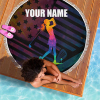 Colorful Golf Beach Blanket Watercolor American Flag Female Golfer Silhouette in Rainbow Gradient - Wonder Print Shop