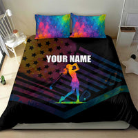 Colorful Golf Bedding Set Watercolor American Flag Female Golfer Silhouette in Rainbow Gradient - Wonder Print Shop