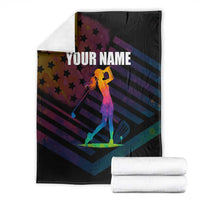 Colorful Golf Blanket Watercolor American Flag Female Golfer Silhouette in Rainbow Gradient - Wonder Print Shop