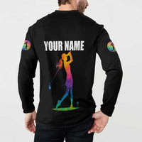 Colorful Golf Button Sweatshirt Watercolor American Flag Female Golfer Silhouette in Rainbow Gradient - Wonder Print Shop