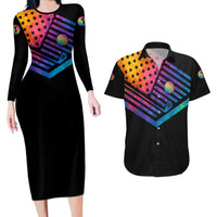 Colorful Golf Couples Matching Long Sleeve Bodycon Dress and Hawaiian Shirt Watercolor American Flag Female Golfer Silhouette in Rainbow Gradient - Wonder Print Shop