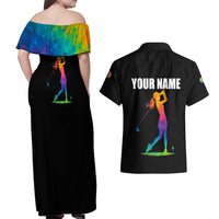 Colorful Golf Couples Matching Off Shoulder Maxi Dress and Hawaiian Shirt Watercolor American Flag Female Golfer Silhouette in Rainbow Gradient - Wonder Print Shop