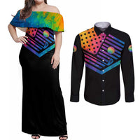 Colorful Golf Couples Matching Off Shoulder Maxi Dress and Long Sleeve Button Shirt Watercolor American Flag Female Golfer Silhouette in Rainbow Gradient - Wonder Print Shop