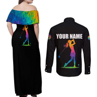 Colorful Golf Couples Matching Off Shoulder Maxi Dress and Long Sleeve Button Shirt Watercolor American Flag Female Golfer Silhouette in Rainbow Gradient - Wonder Print Shop