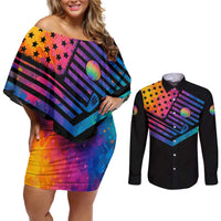 Colorful Golf Couples Matching Off Shoulder Short Dress and Long Sleeve Button Shirt Watercolor American Flag Female Golfer Silhouette in Rainbow Gradient - Wonder Print Shop