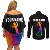 Colorful Golf Couples Matching Off Shoulder Short Dress and Long Sleeve Button Shirt Watercolor American Flag Female Golfer Silhouette in Rainbow Gradient - Wonder Print Shop