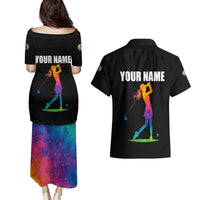 Colorful Golf Couples Matching Puletasi and Hawaiian Shirt Watercolor American Flag Female Golfer Silhouette in Rainbow Gradient - Wonder Print Shop
