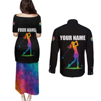 Colorful Golf Couples Matching Puletasi and Long Sleeve Button Shirt Watercolor American Flag Female Golfer Silhouette in Rainbow Gradient - Wonder Print Shop