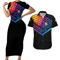 Colorful Golf Couples Matching Short Sleeve Bodycon Dress and Hawaiian Shirt Watercolor American Flag Female Golfer Silhouette in Rainbow Gradient - Wonder Print Shop