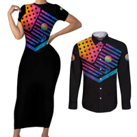 Colorful Golf Couples Matching Short Sleeve Bodycon Dress and Long Sleeve Button Shirt Watercolor American Flag Female Golfer Silhouette in Rainbow Gradient - Wonder Print Shop