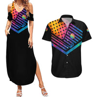 Colorful Golf Couples Matching Summer Maxi Dress and Hawaiian Shirt Watercolor American Flag Female Golfer Silhouette in Rainbow Gradient - Wonder Print Shop