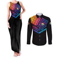 Colorful Golf Couples Matching Tank Maxi Dress and Long Sleeve Button Shirt Watercolor American Flag Female Golfer Silhouette in Rainbow Gradient - Wonder Print Shop