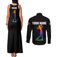 Colorful Golf Couples Matching Tank Maxi Dress and Long Sleeve Button Shirt Watercolor American Flag Female Golfer Silhouette in Rainbow Gradient - Wonder Print Shop
