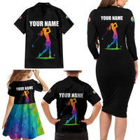 Colorful Golf Family Matching Long Sleeve Bodycon Dress and Hawaiian Shirt Watercolor American Flag Female Golfer Silhouette in Rainbow Gradient - Wonder Print Shop