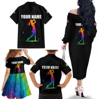 Colorful Golf Family Matching Off The Shoulder Long Sleeve Dress and Hawaiian Shirt Watercolor American Flag Female Golfer Silhouette in Rainbow Gradient - Wonder Print Shop
