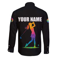 Colorful Golf Family Matching Off The Shoulder Long Sleeve Dress and Hawaiian Shirt Watercolor American Flag Female Golfer Silhouette in Rainbow Gradient - Wonder Print Shop