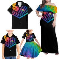 Colorful Golf Family Matching Off Shoulder Maxi Dress and Hawaiian Shirt Watercolor American Flag Female Golfer Silhouette in Rainbow Gradient - Wonder Print Shop