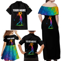 Colorful Golf Family Matching Off Shoulder Maxi Dress and Hawaiian Shirt Watercolor American Flag Female Golfer Silhouette in Rainbow Gradient - Wonder Print Shop