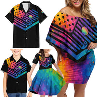 Colorful Golf Family Matching Off Shoulder Short Dress and Hawaiian Shirt Watercolor American Flag Female Golfer Silhouette in Rainbow Gradient - Wonder Print Shop