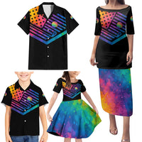 Colorful Golf Family Matching Puletasi and Hawaiian Shirt Watercolor American Flag Female Golfer Silhouette in Rainbow Gradient - Wonder Print Shop