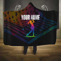 Colorful Golf Hooded Blanket Watercolor American Flag Female Golfer Silhouette in Rainbow Gradient - Wonder Print Shop