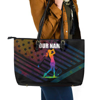 Colorful Golf Leather Tote Bag Watercolor American Flag Female Golfer Silhouette in Rainbow Gradient - Wonder Print Shop