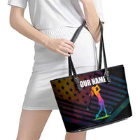 Colorful Golf Leather Tote Bag Watercolor American Flag Female Golfer Silhouette in Rainbow Gradient - Wonder Print Shop