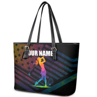 Colorful Golf Leather Tote Bag Watercolor American Flag Female Golfer Silhouette in Rainbow Gradient - Wonder Print Shop