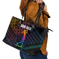 Colorful Golf Leather Tote Bag Watercolor American Flag Female Golfer Silhouette in Rainbow Gradient - Wonder Print Shop