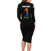 Colorful Golf Long Sleeve Bodycon Dress Watercolor American Flag Female Golfer Silhouette in Rainbow Gradient - Wonder Print Shop
